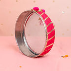 Exquisite Rani Pink & Orange Gota Patti Karwa Chauth Thali Set – Handcrafted Designer Pooja Kit