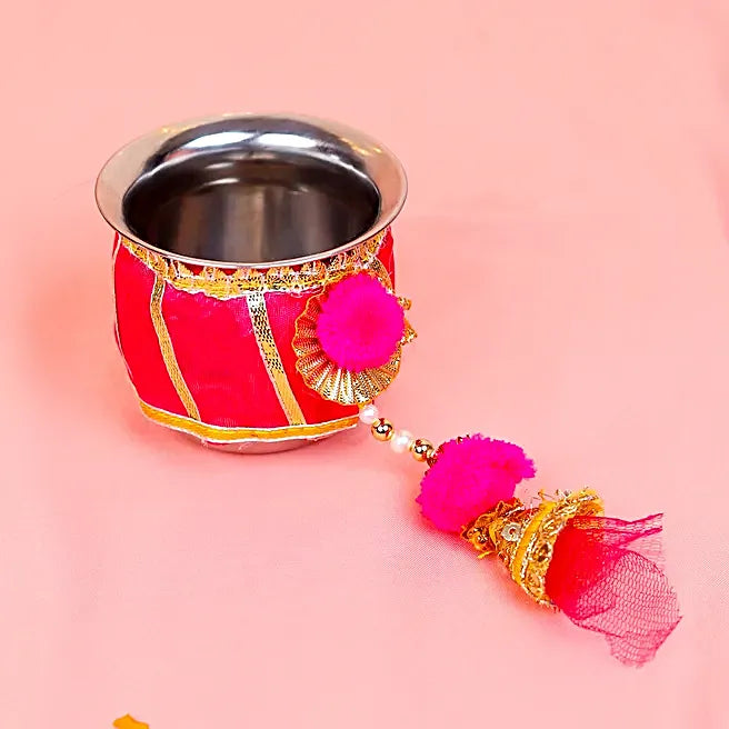 Exquisite Rani Pink & Orange Gota Patti Karwa Chauth Thali Set – Handcrafted Designer Pooja Kit