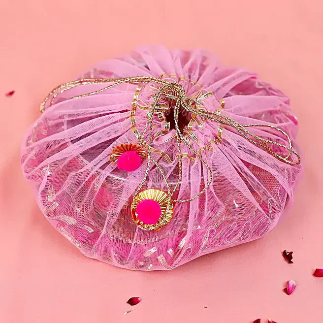 Exquisite Rani Pink & Orange Gota Patti Karwa Chauth Thali Set – Handcrafted Designer Pooja Kit