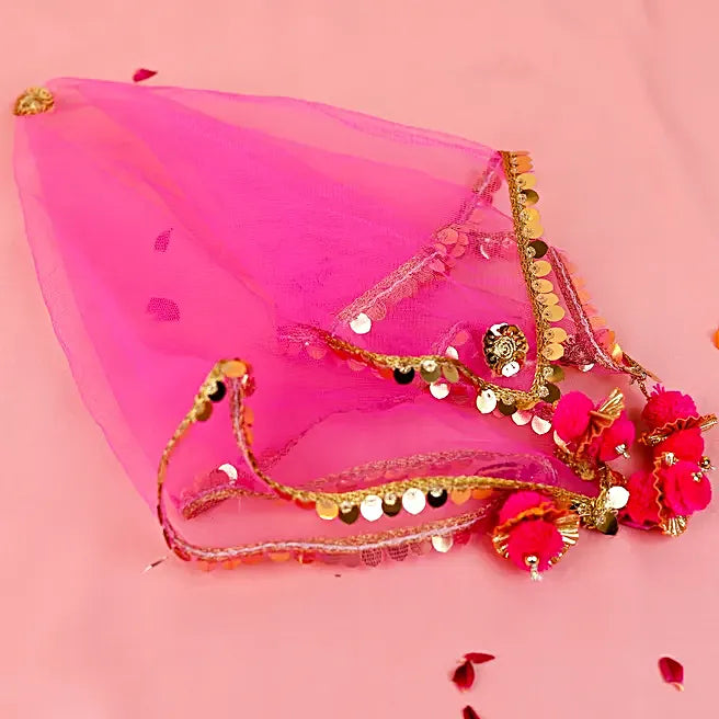 Exquisite Rani Pink & Orange Gota Patti Karwa Chauth Thali Set – Handcrafted Designer Pooja Kit