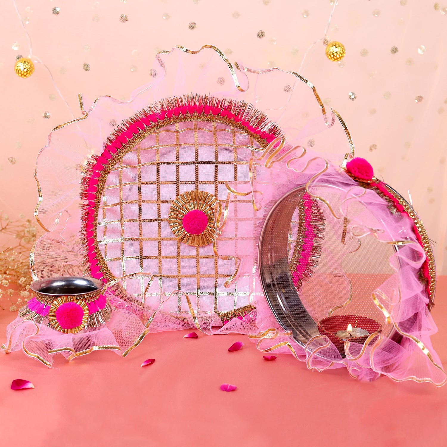 Premium Karwa Chauth Thali Set in Pink & Gold | Designer Karvachauth Pooja Thali, Channi & Diya | Elegant Bridal Gift for Wife