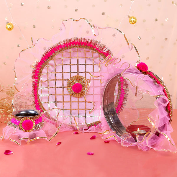 Premium Karwa Chauth Thali Set in Pink & Gold | Designer Karvachauth Pooja Thali, Channi & Diya | Elegant Bridal Gift for Wife