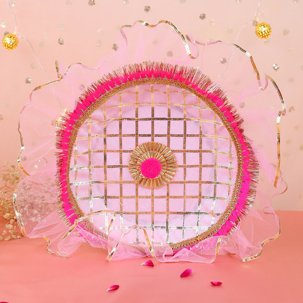 Premium Karwa Chauth Thali Set in Pink & Gold | Designer Karvachauth Pooja Thali, Channi & Diya | Elegant Bridal Gift for Wife