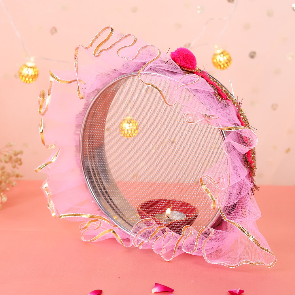 Premium Karwa Chauth Thali Set in Pink & Gold | Designer Karvachauth Pooja Thali, Channi & Diya | Elegant Bridal Gift for Wife