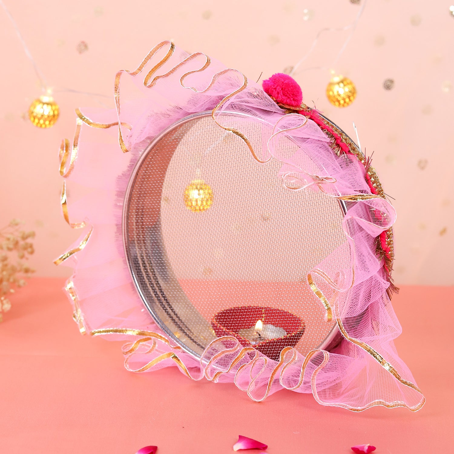 Premium Karwa Chauth Thali Set in Pink & Gold | Designer Karvachauth Pooja Thali, Channi & Diya | Elegant Bridal Gift for Wife