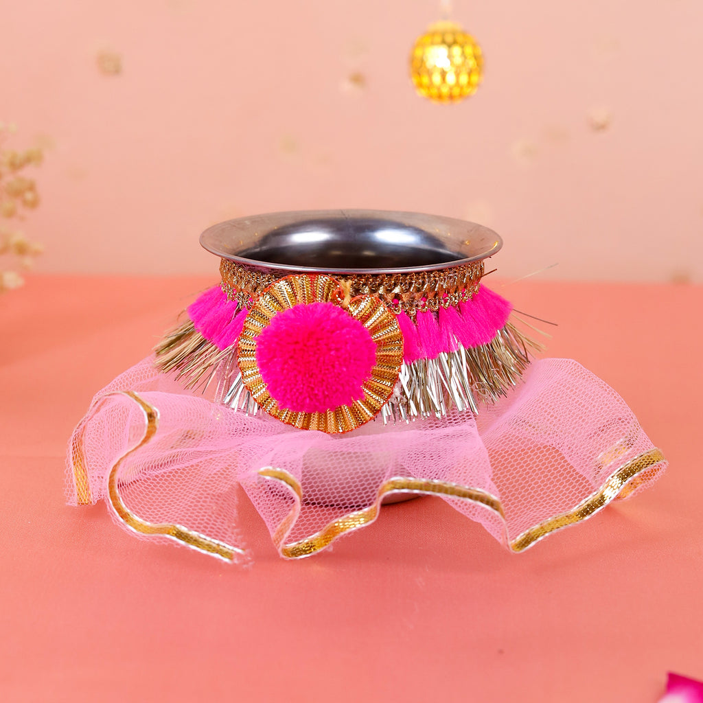 Premium Karwa Chauth Thali Set in Pink & Gold | Designer Karvachauth Pooja Thali, Channi & Diya | Elegant Bridal Gift for Wife