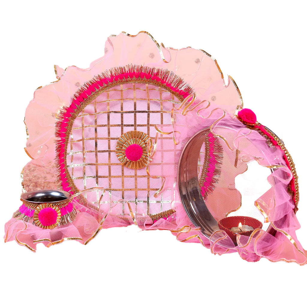 Premium Karwa Chauth Thali Set in Pink & Gold | Designer Karvachauth Pooja Thali, Channi & Diya | Elegant Bridal Gift for Wife