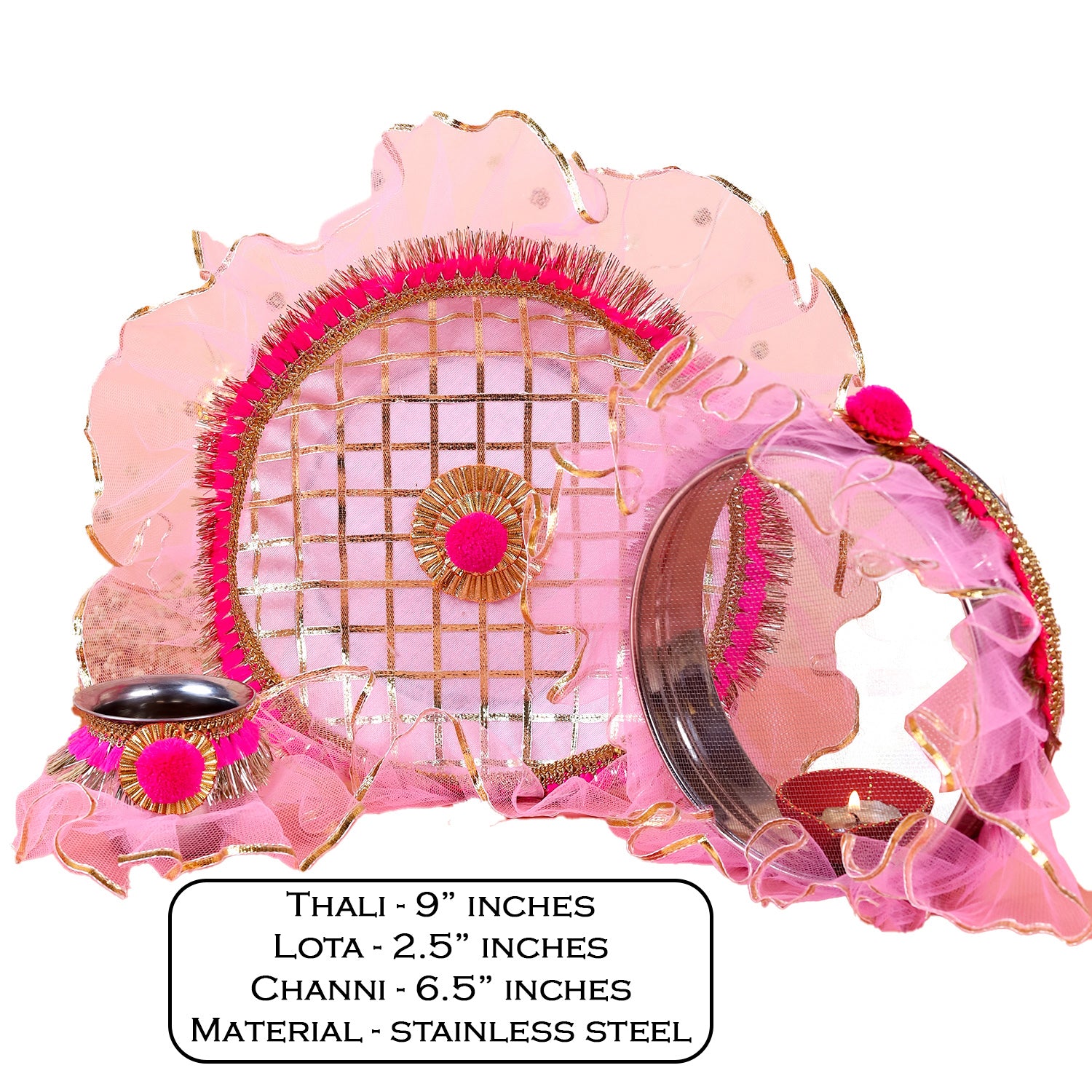 Premium Karwa Chauth Thali Set in Pink & Gold | Designer Karvachauth Pooja Thali, Channi & Diya | Elegant Bridal Gift for Wife