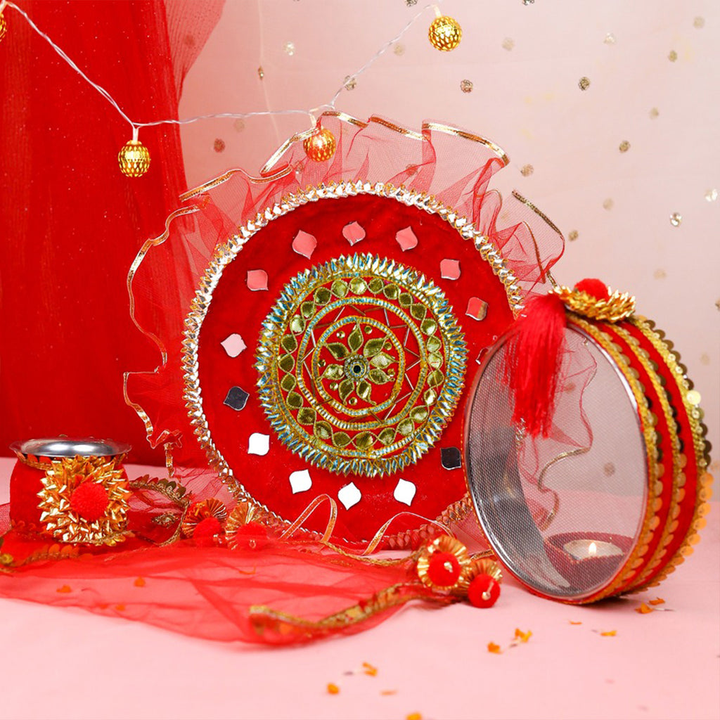 Royal Red Karwa Chauth Thali Set with Red Chunni | Designer Karvachauth Pooja Thali, Channi, Red Chunri & Diya | Traditional Bridal Gift for Wife
