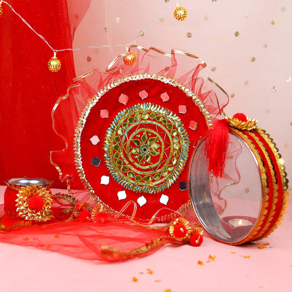 Royal Red Karwa Chauth Thali Set with Red Chunni | Designer Karvachauth Pooja Thali, Channi, Red Chunri & Diya | Traditional Bridal Gift for Wife