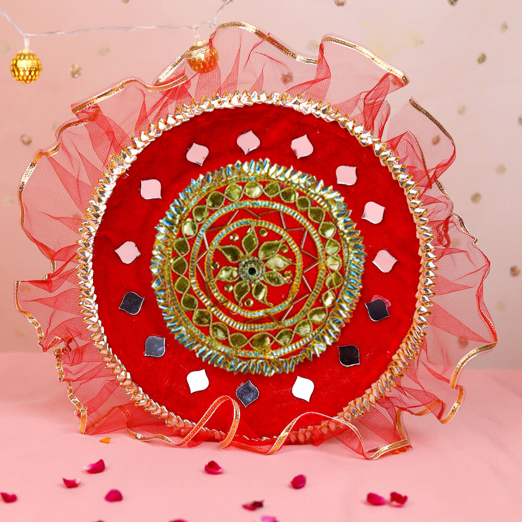 Royal Red Karwa Chauth Thali Set with Red Chunni | Designer Karvachauth Pooja Thali, Channi, Red Chunri & Diya | Traditional Bridal Gift for Wife
