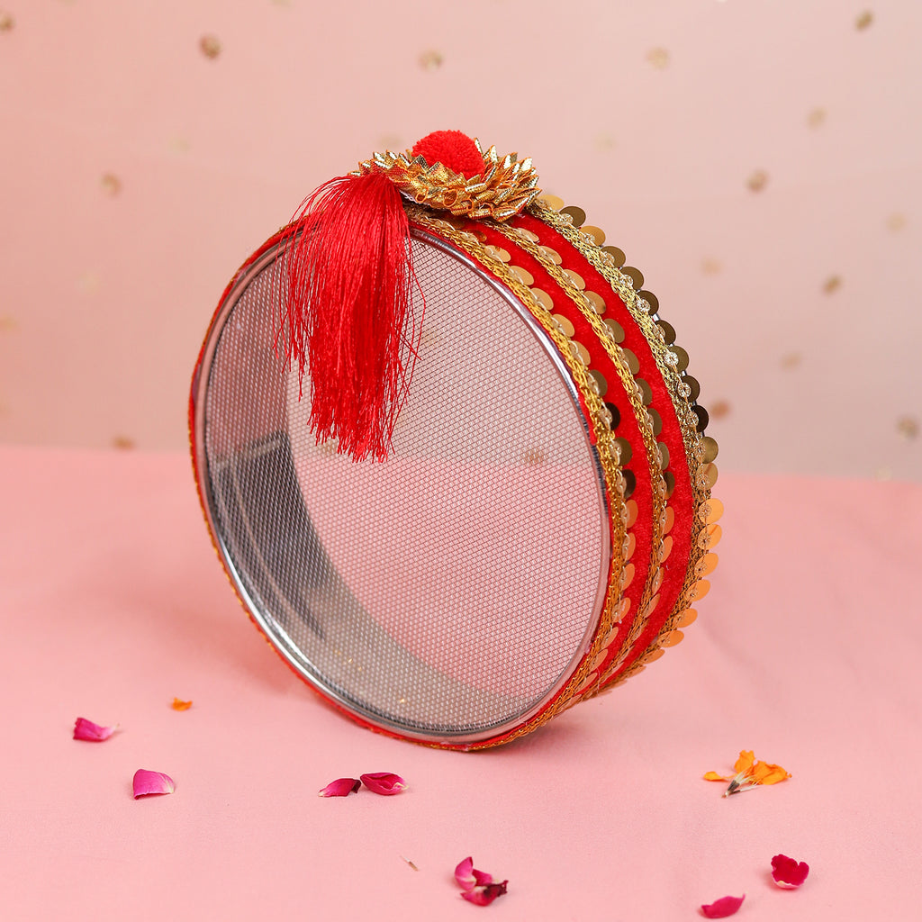 Royal Red Karwa Chauth Thali Set with Red Chunni | Designer Karvachauth Pooja Thali, Channi, Red Chunri & Diya | Traditional Bridal Gift for Wife