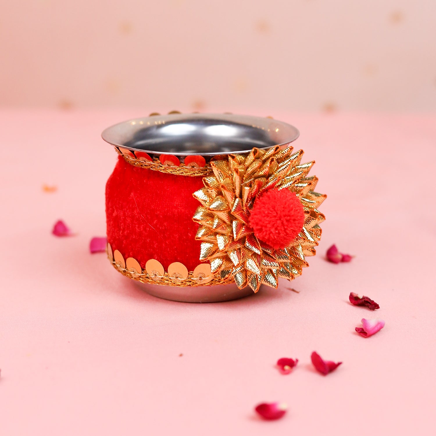 Royal Red Karwa Chauth Thali Set with Red Chunni | Designer Karvachauth Pooja Thali, Channi, Red Chunri & Diya | Traditional Bridal Gift for Wife