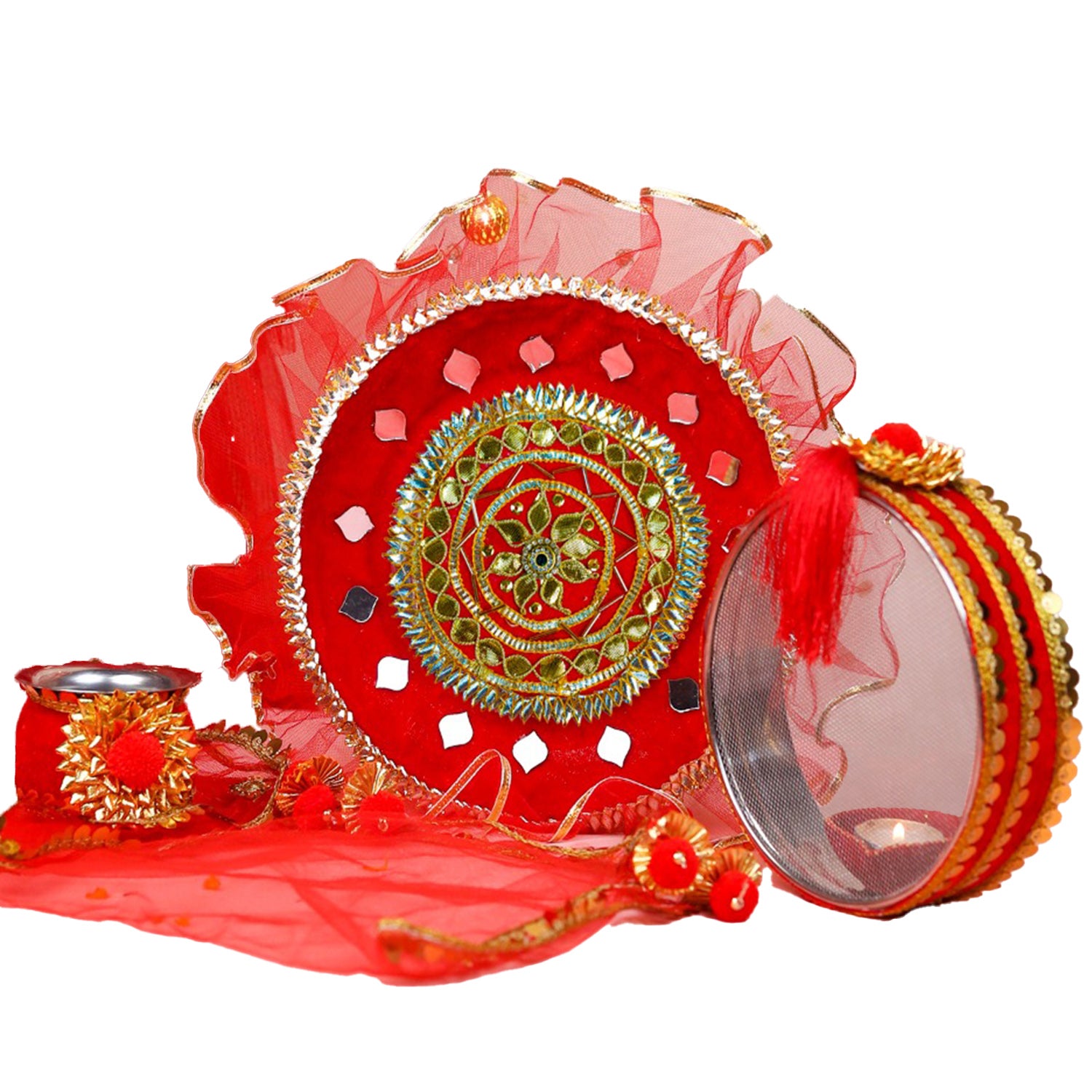Royal Red Karwa Chauth Thali Set with Red Chunni | Designer Karvachauth Pooja Thali, Channi, Red Chunri & Diya | Traditional Bridal Gift for Wife