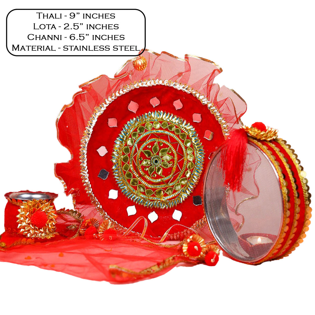 Royal Red Karwa Chauth Thali Set with Red Chunni | Designer Karvachauth Pooja Thali, Channi, Red Chunri & Diya | Traditional Bridal Gift for Wife