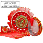 Royal Red Karwa Chauth Thali Set with Red Chunni | Designer Karvachauth Pooja Thali, Channi, Red Chunri & Diya | Traditional Bridal Gift for Wife
