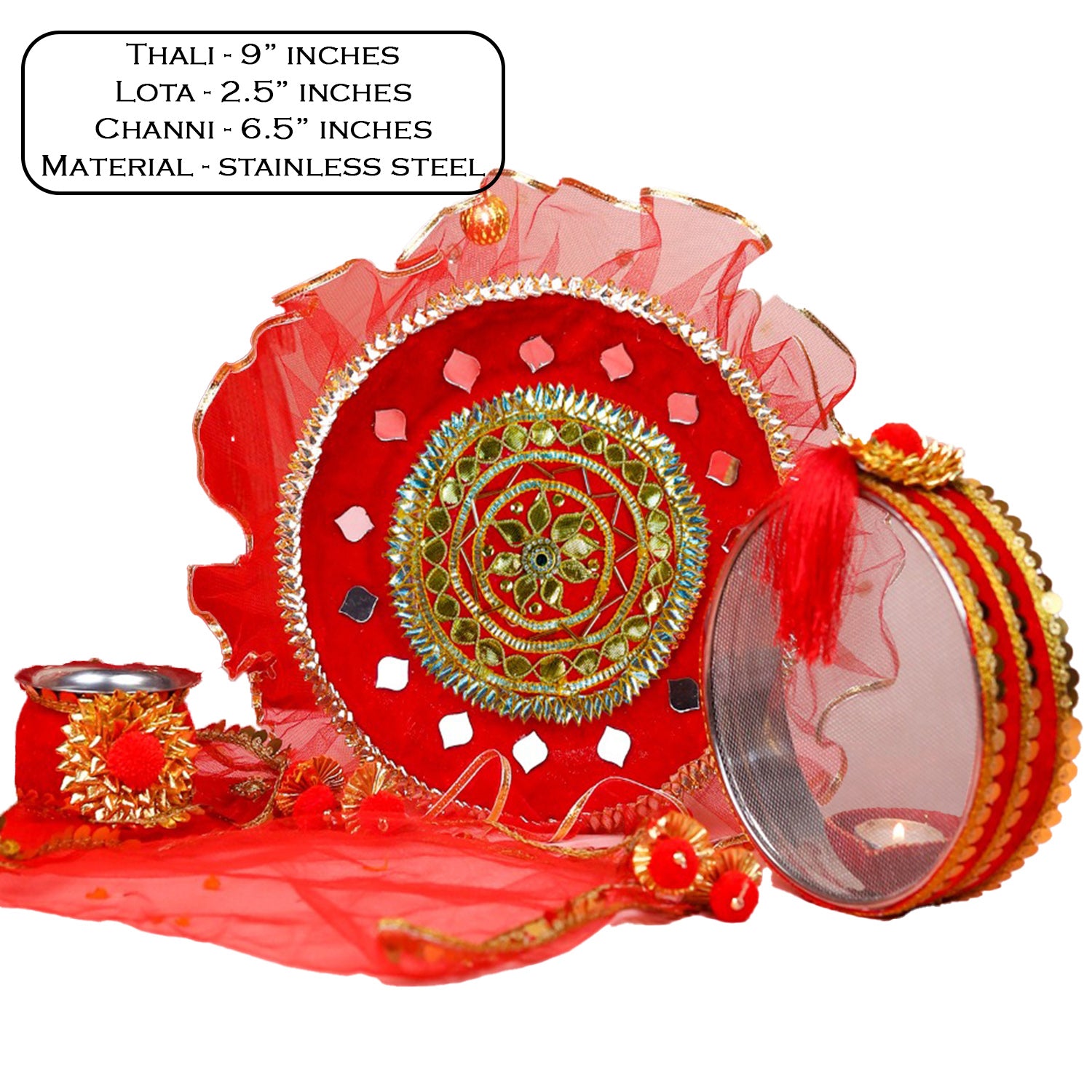 Royal Red Karwa Chauth Thali Set with Red Chunni | Designer Karvachauth Pooja Thali, Channi, Red Chunri & Diya | Traditional Bridal Gift for Wife