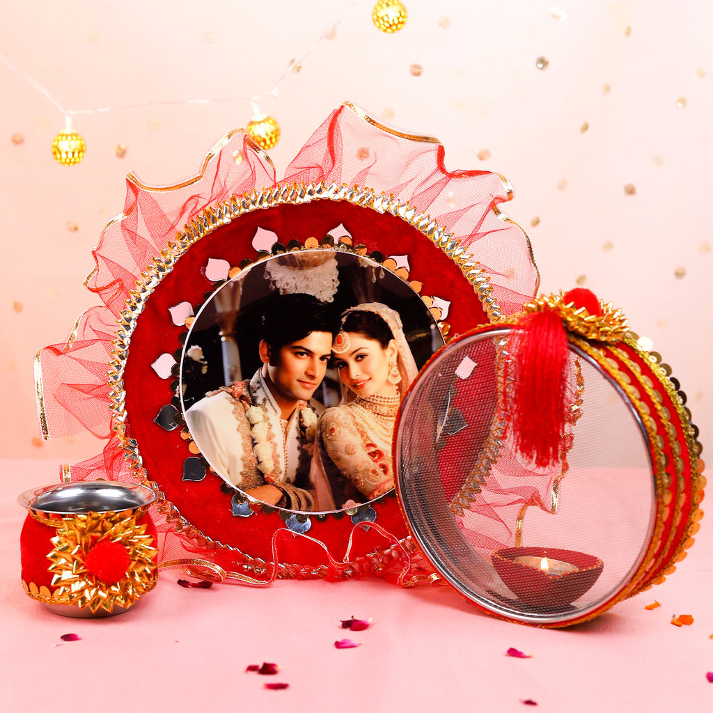Personalized Karwa Chauth Thali Set with Couple Photo & Red Chunni | Designer Karvachauth Pooja Thali, Channi & Diya