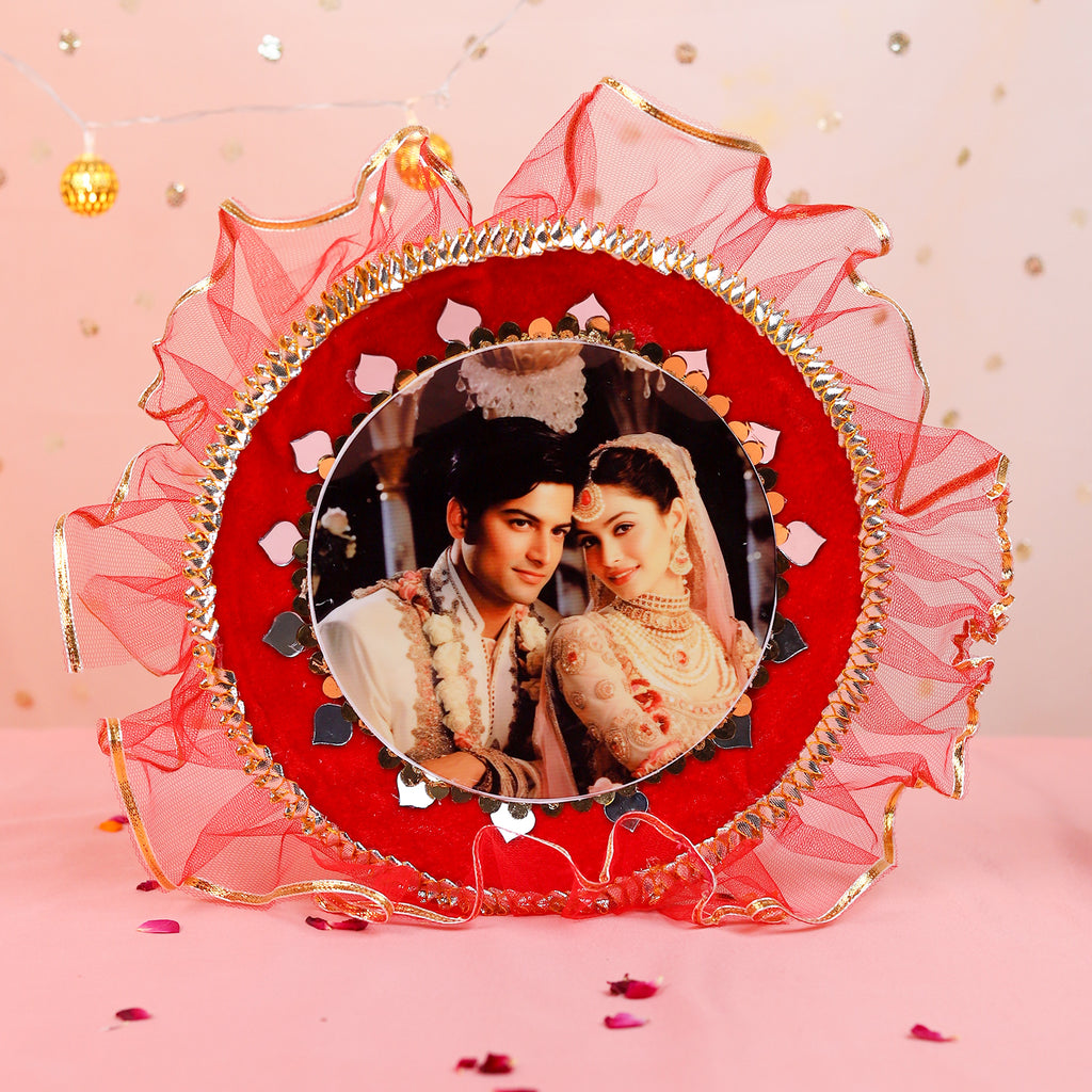 Personalized Karwa Chauth Thali Set with Couple Photo & Red Chunni | Designer Karvachauth Pooja Thali, Channi & Diya