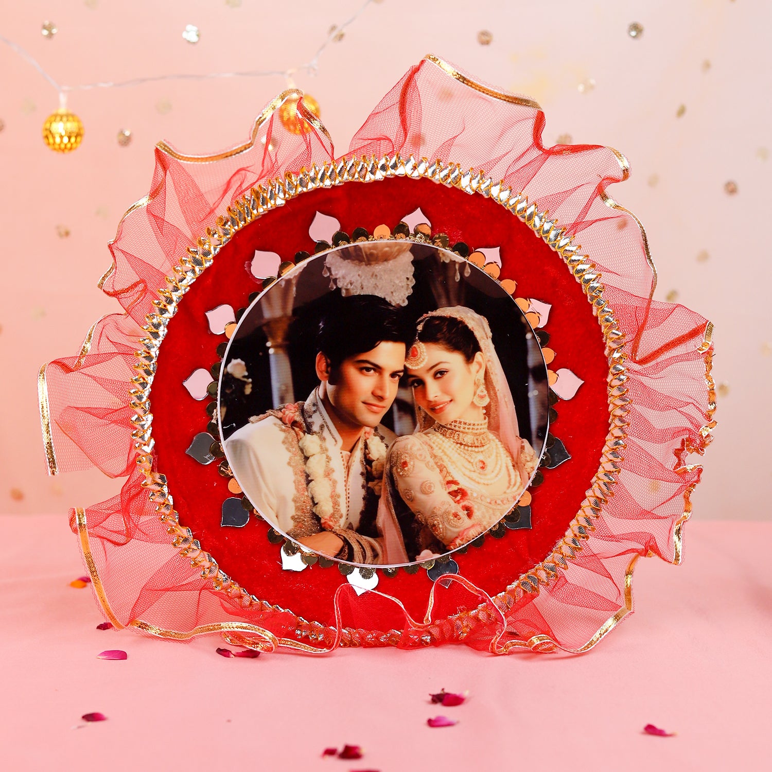 Personalized Karwa Chauth Thali Set with Couple Photo & Red Chunni | Designer Karvachauth Pooja Thali, Channi & Diya