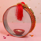 Personalized Karwa Chauth Thali Set with Couple Photo & Red Chunni | Designer Karvachauth Pooja Thali, Channi & Diya