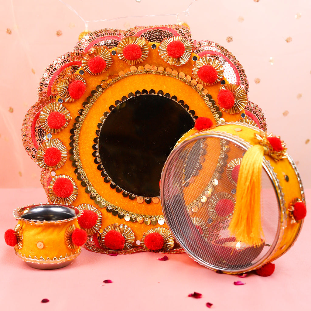Handcrafted Karwa Chauth Thali Set | Traditional Karwachauth Puja Thali with Chalni & Kalash