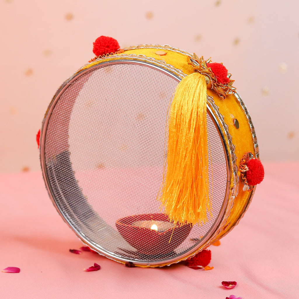 Handcrafted Karwa Chauth Thali Set | Traditional Karwachauth Puja Thali with Chalni & Kalash