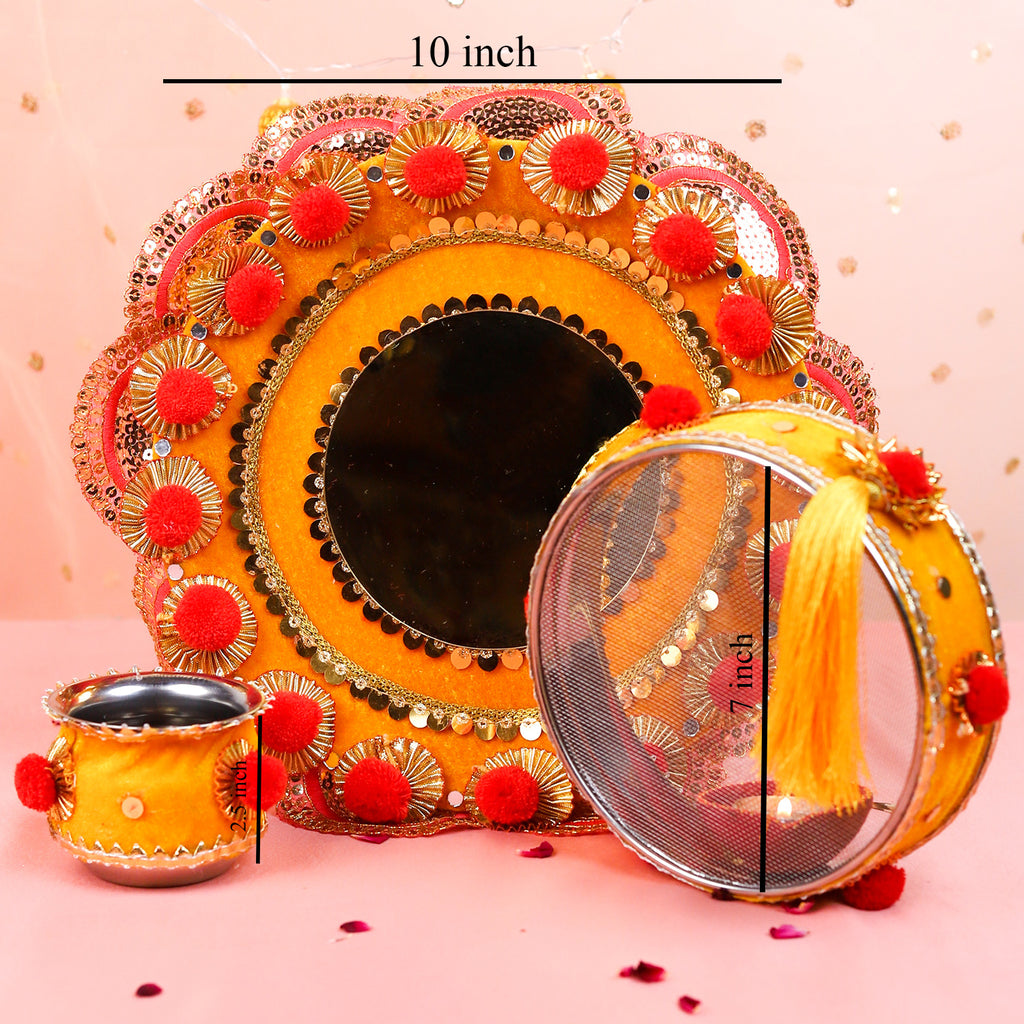 Handcrafted Karwa Chauth Thali Set | Traditional Karwachauth Puja Thali with Chalni & Kalash