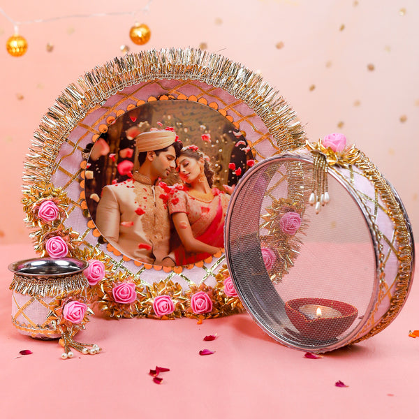 Personalized Karwa Chauth Thali Set with Photo - Premium Floral Design