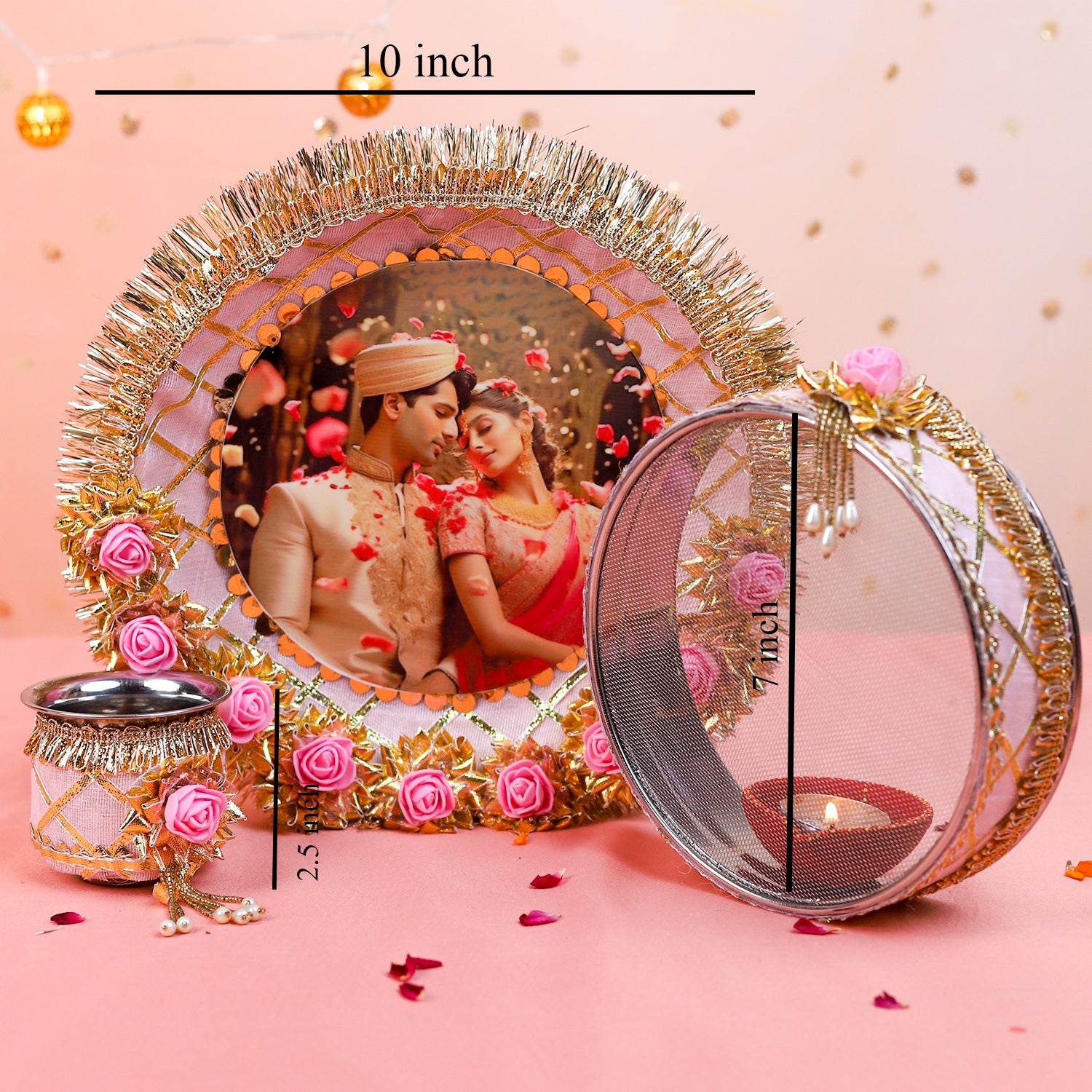 Personalized Karwa Chauth Thali Set with Photo - Premium Floral Design