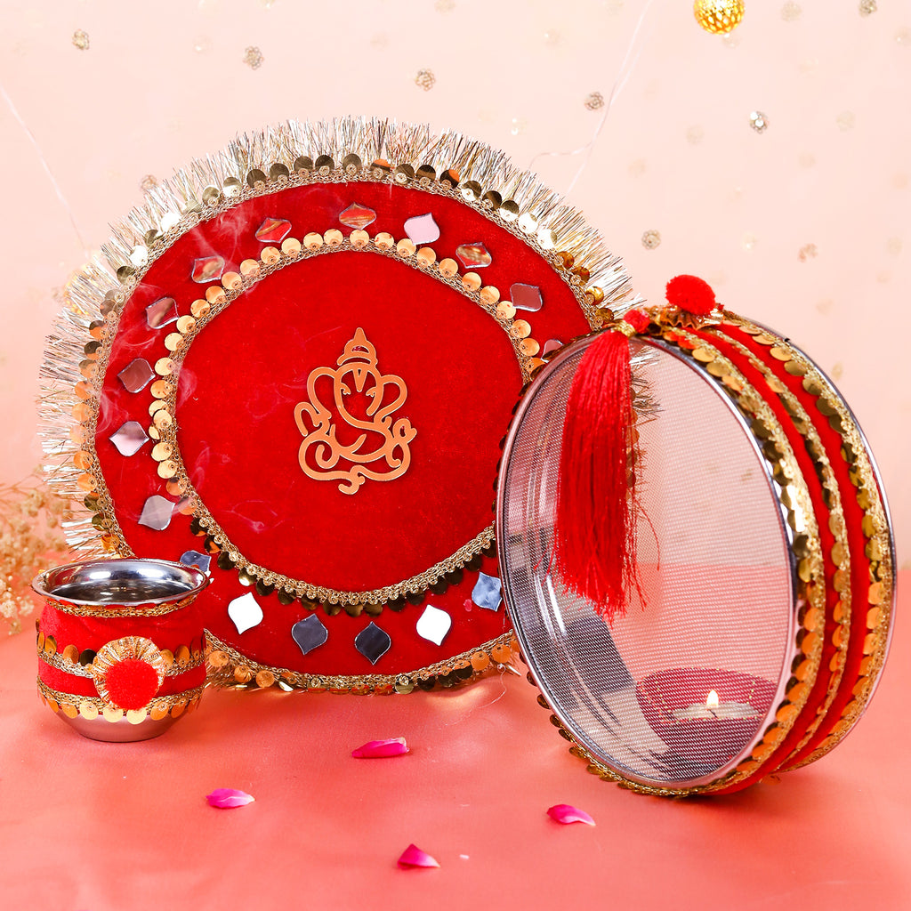 Red Ganesha Karwa Chauth Thali Set | Handcrafted Karwachauth Puja Thali with Chalni & Kalash
