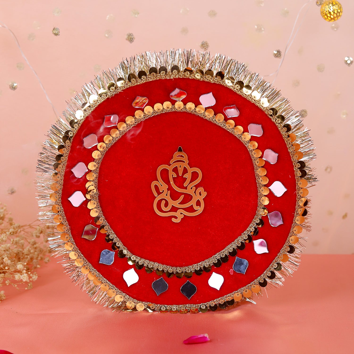 Red Ganesha Karwa Chauth Thali Set | Handcrafted Karwachauth Puja Thali with Chalni & Kalash