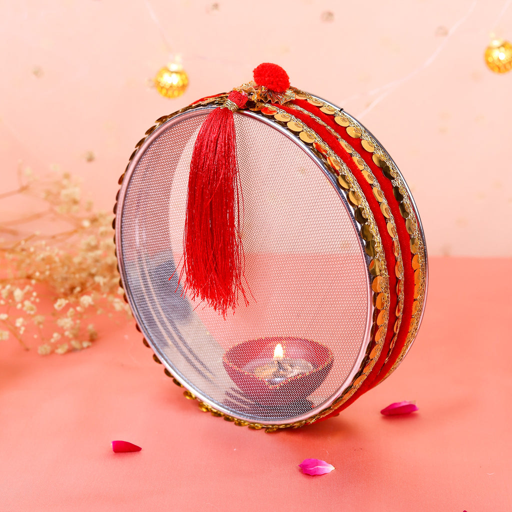 Red Ganesha Karwa Chauth Thali Set | Handcrafted Karwachauth Puja Thali with Chalni & Kalash