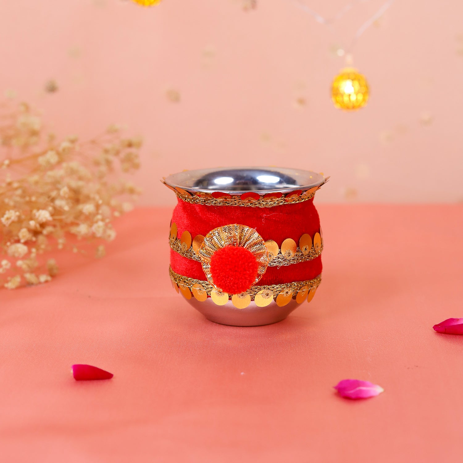 Red Ganesha Karwa Chauth Thali Set | Handcrafted Karwachauth Puja Thali with Chalni & Kalash