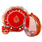 Red Ganesha Karwa Chauth Thali Set | Handcrafted Karwachauth Puja Thali with Chalni & Kalash