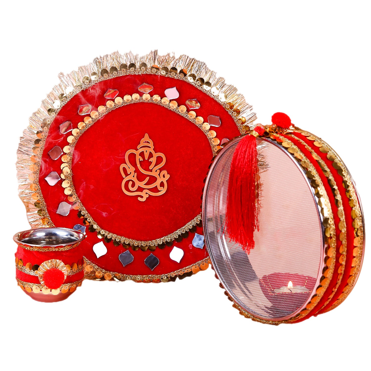 Red Ganesha Karwa Chauth Thali Set | Handcrafted Karwachauth Puja Thali with Chalni & Kalash