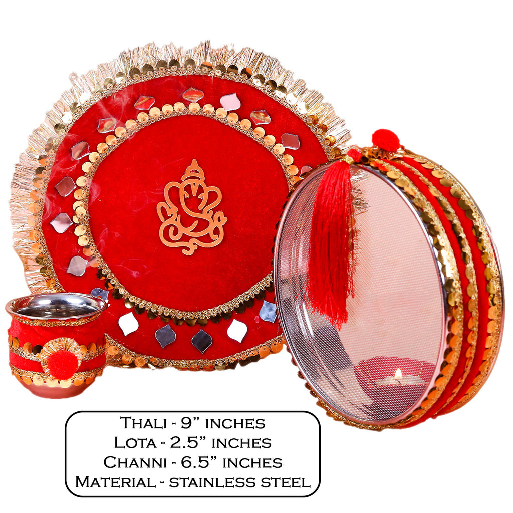 Red Ganesha Karwa Chauth Thali Set | Handcrafted Karwachauth Puja Thali with Chalni & Kalash