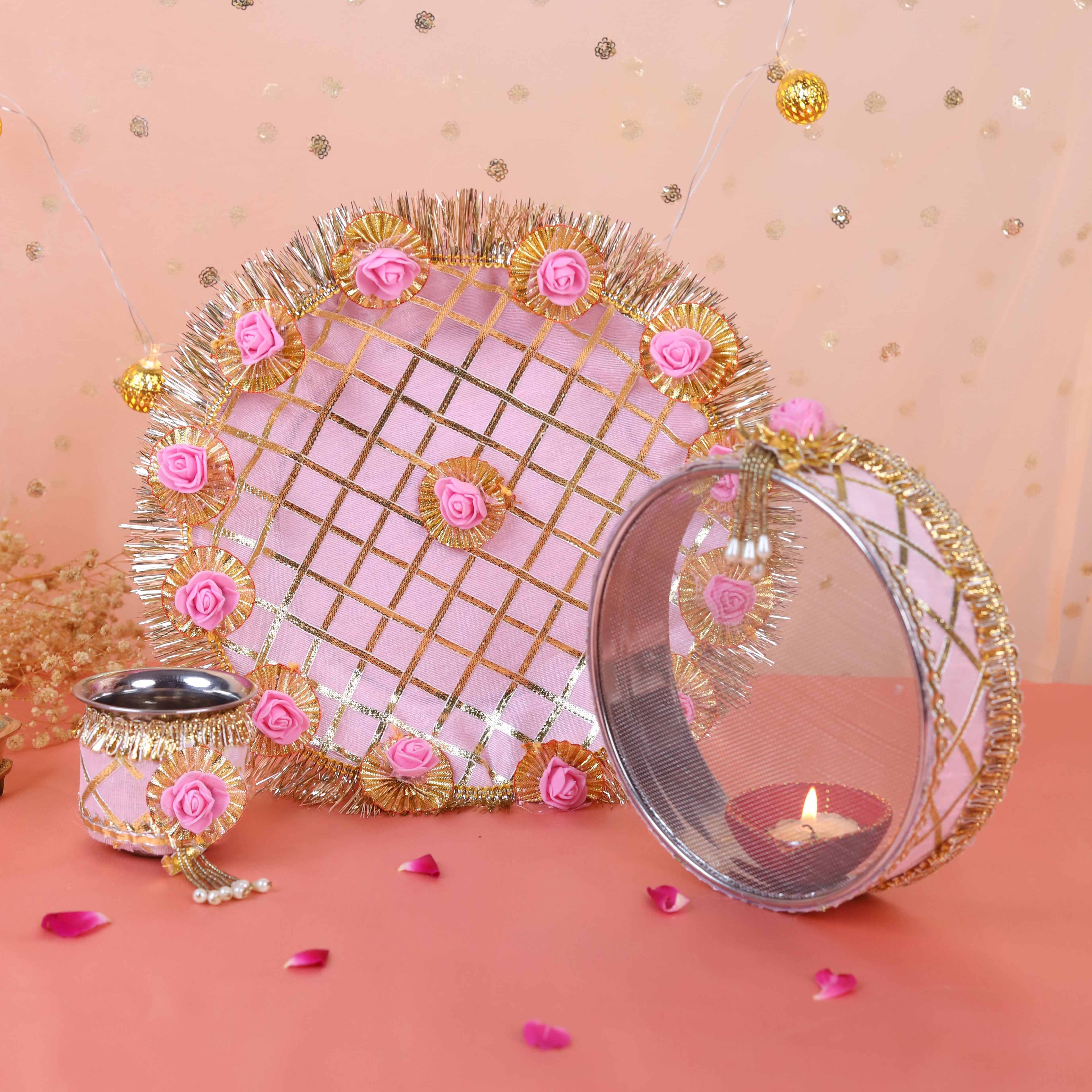 Elegant Rose Pink Handcrafted Karwa Chauth Thali Set (3-Piece)