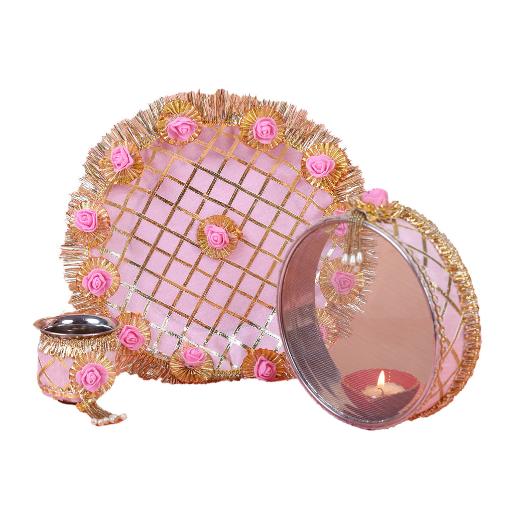 Elegant Rose Pink Handcrafted Karwa Chauth Thali Set (3-Piece)