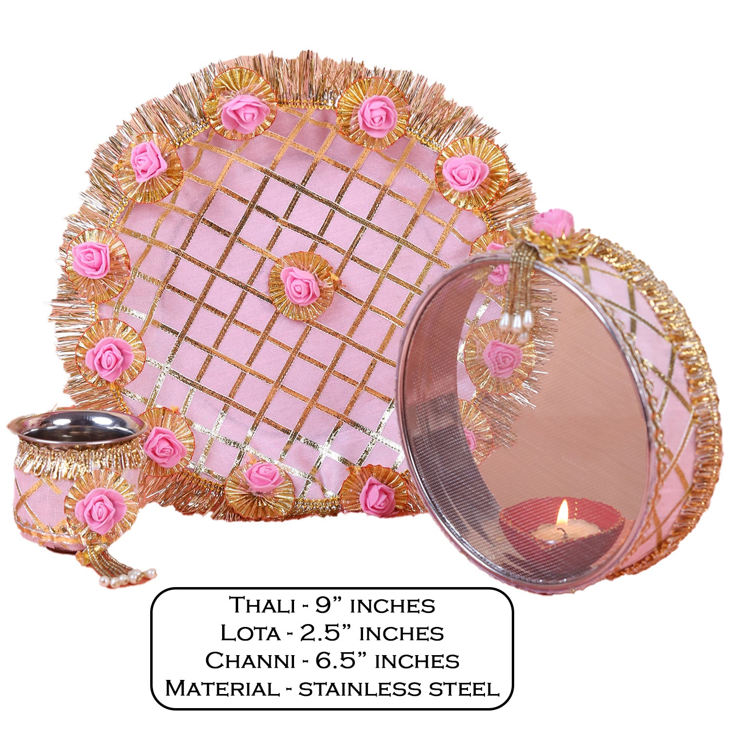 Elegant Rose Pink Handcrafted Karwa Chauth Thali Set (3-Piece)