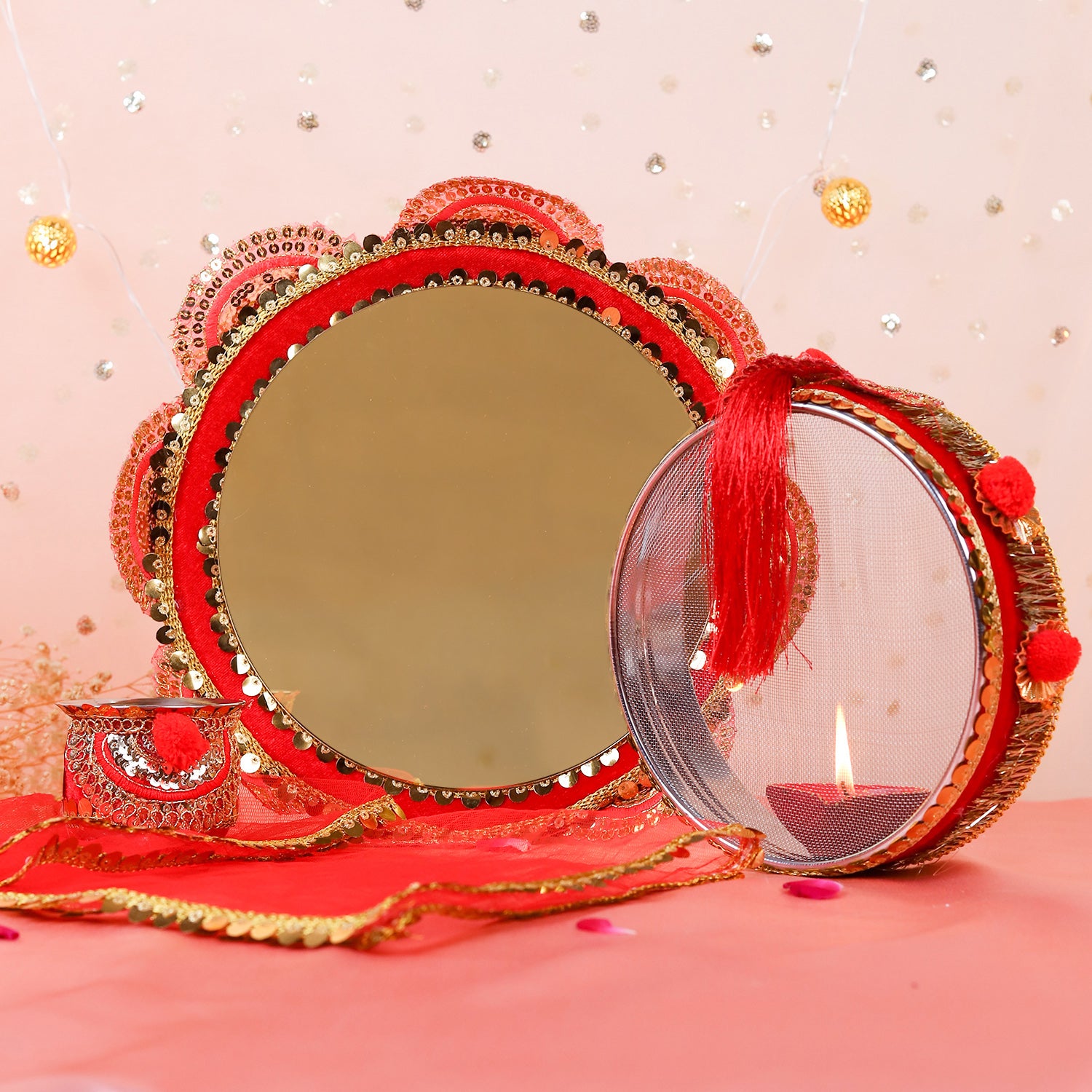 Traditional Crimson Red Handcrafted Karwa Chauth Pooja Thali Set (4-Piece)