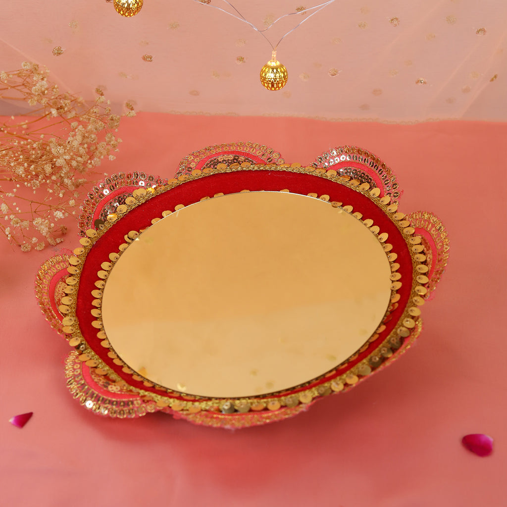 Traditional Crimson Red Handcrafted Karwa Chauth Pooja Thali Set (4-Piece)