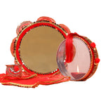 Traditional Crimson Red Handcrafted Karwa Chauth Pooja Thali Set (4-Piece)
