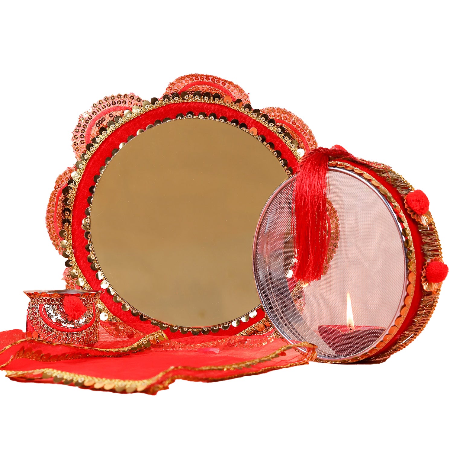 Traditional Crimson Red Handcrafted Karwa Chauth Pooja Thali Set (4-Piece)