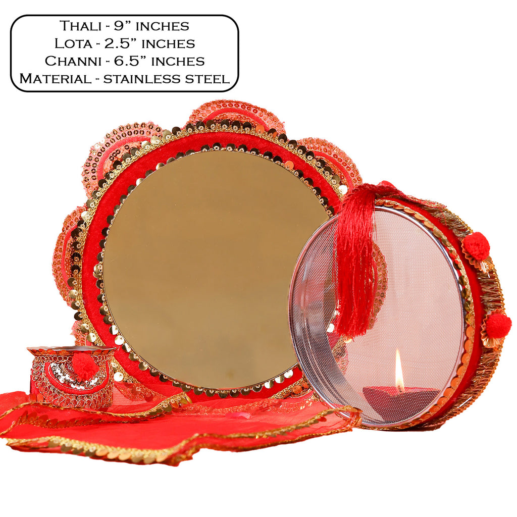 Traditional Crimson Red Handcrafted Karwa Chauth Pooja Thali Set (4-Piece)