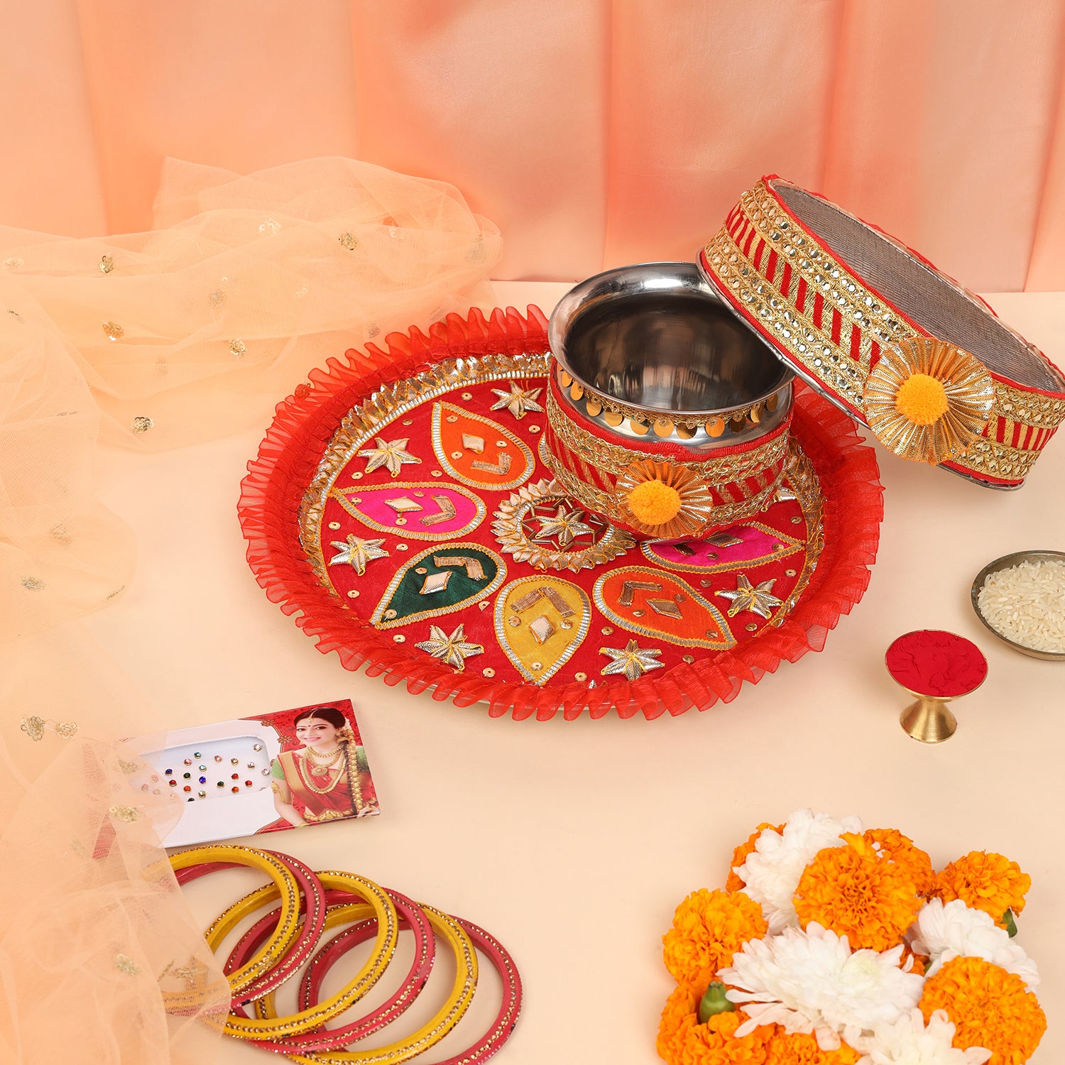 Karwa Chauth Pooja Thali Set - Exquisite Gota Patti & Embroidery Design