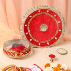 Designer Karvachauth Pooja Thali & Channi – Royal Red Velvet & Pearl Edition