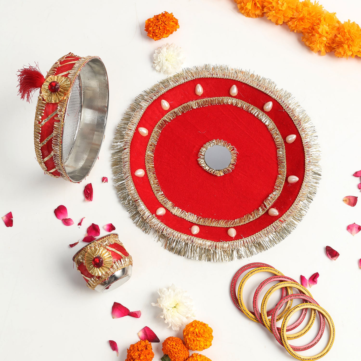 Designer Karvachauth Pooja Thali & Channi – Royal Red Velvet & Pearl Edition