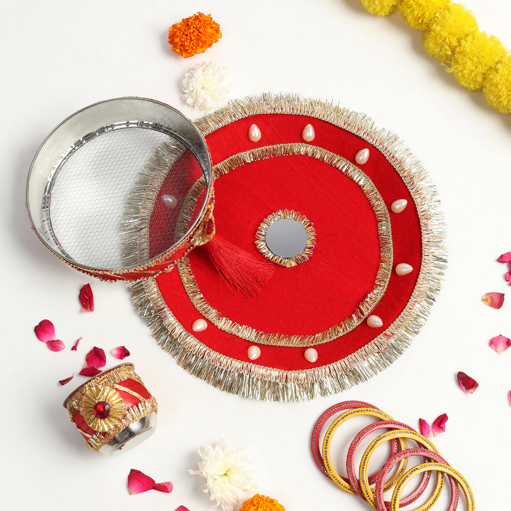 Designer Karvachauth Pooja Thali & Channi – Royal Red Velvet & Pearl Edition