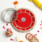Designer Karvachauth Pooja Thali & Channi – Royal Red Velvet & Pearl Edition